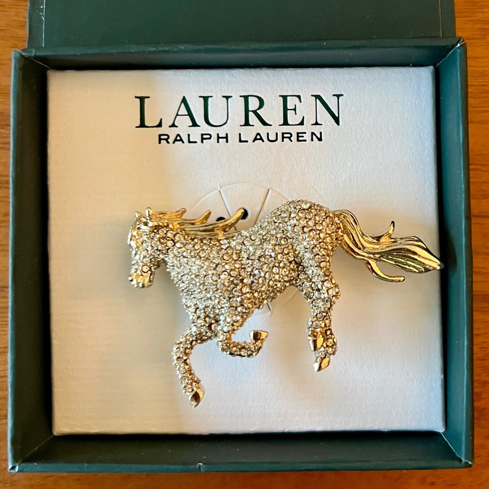 Ralph Lauren RLL Pave Rhinestone Horse Equestrian Gold Tone Brooch Pin J75